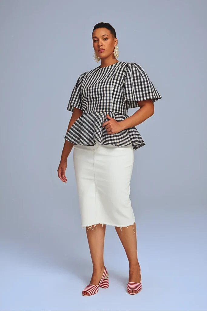 Gingham Peplum Top and White Denim Skirt Spring Outfit
