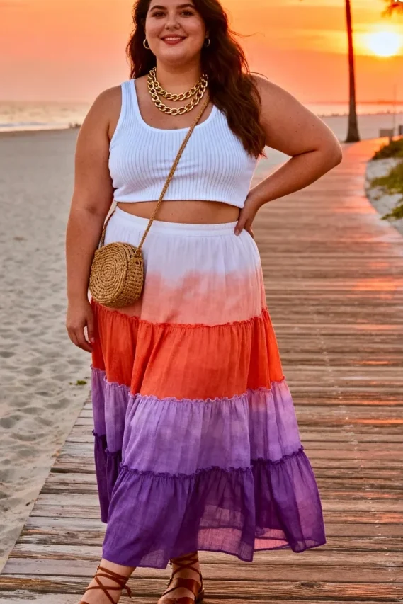Plus Size Sunset Ombre Maxi Skirt With Cropped Tank Outfit
