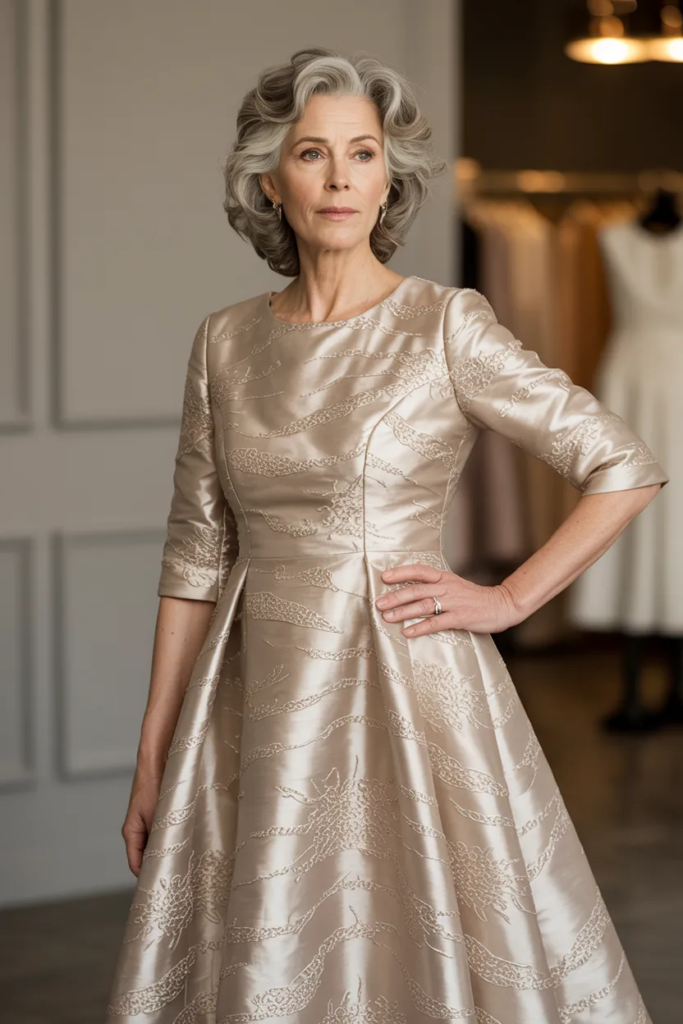 Champagne Metallic Jacquard Mother of the Bride Dress