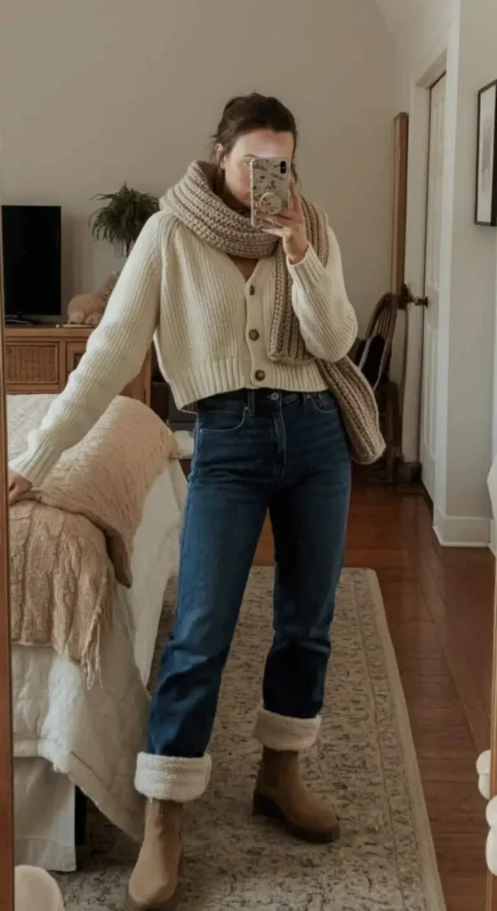 Fleece-Lined Denim with Cropped Cardigan