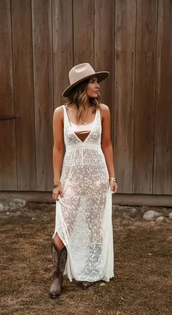 Crochet Dress Over Metallic Bodysuit