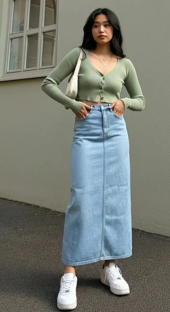 Denim Maxi Skirt with Cropped Cardigan