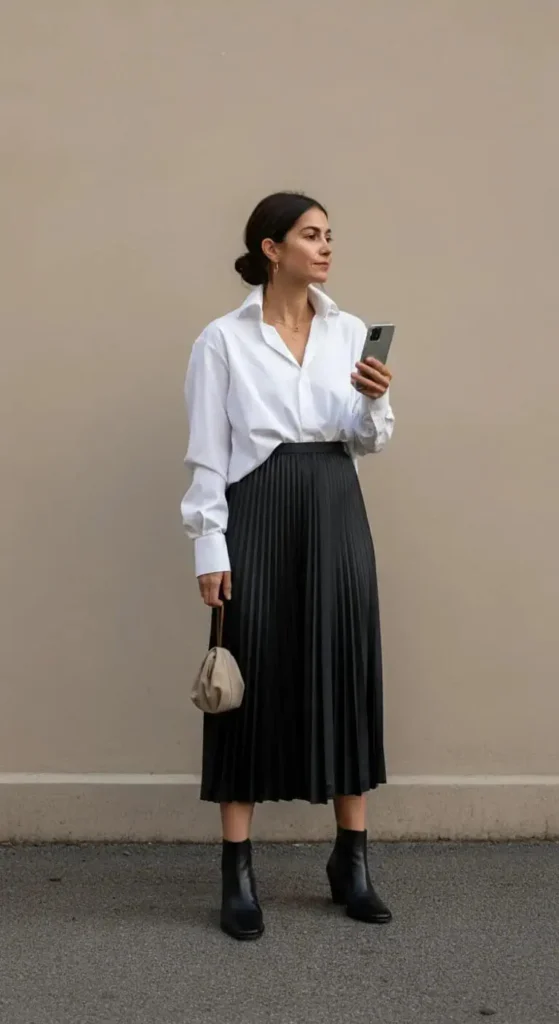 Oversized Button-Down and Pleated Skirt