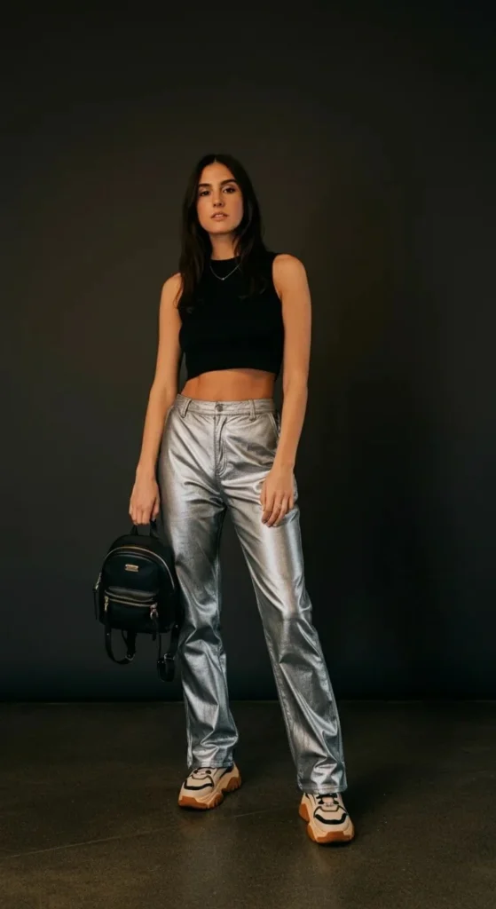Metallic Pants with Crop Tank