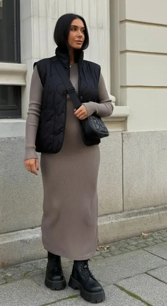 Quilted Vest Over Ribbed Dress