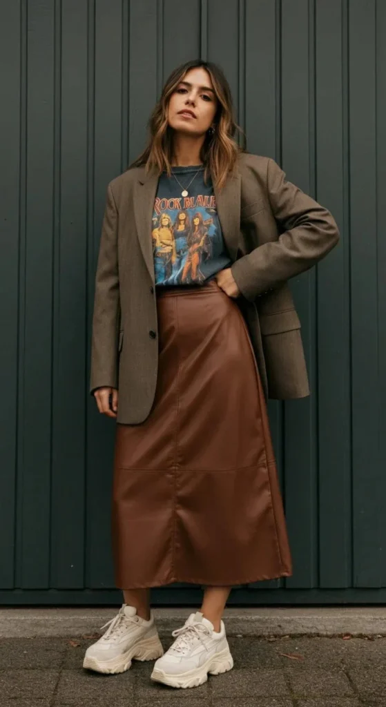 Leather Midi Skirt with Vintage Band Tee