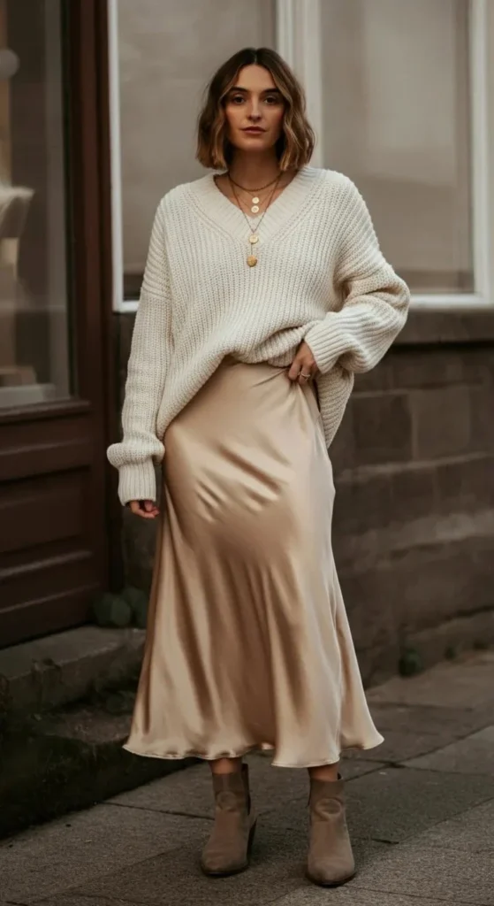 Silk Slip Skirt with Oversized Sweater