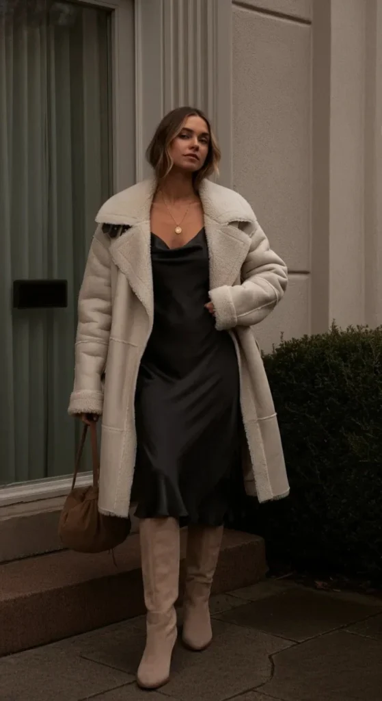 Shearling Coat with Silk Slip Dress