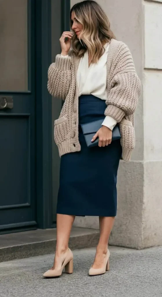 Oversized Cardigan with Pencil Skirt