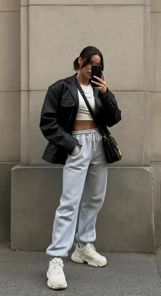 Leather Jacket and Gray Sweatpants Combo