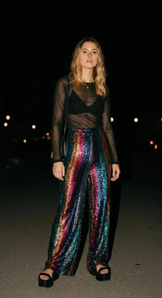 Sequined Palazzo Pants with Mesh Top