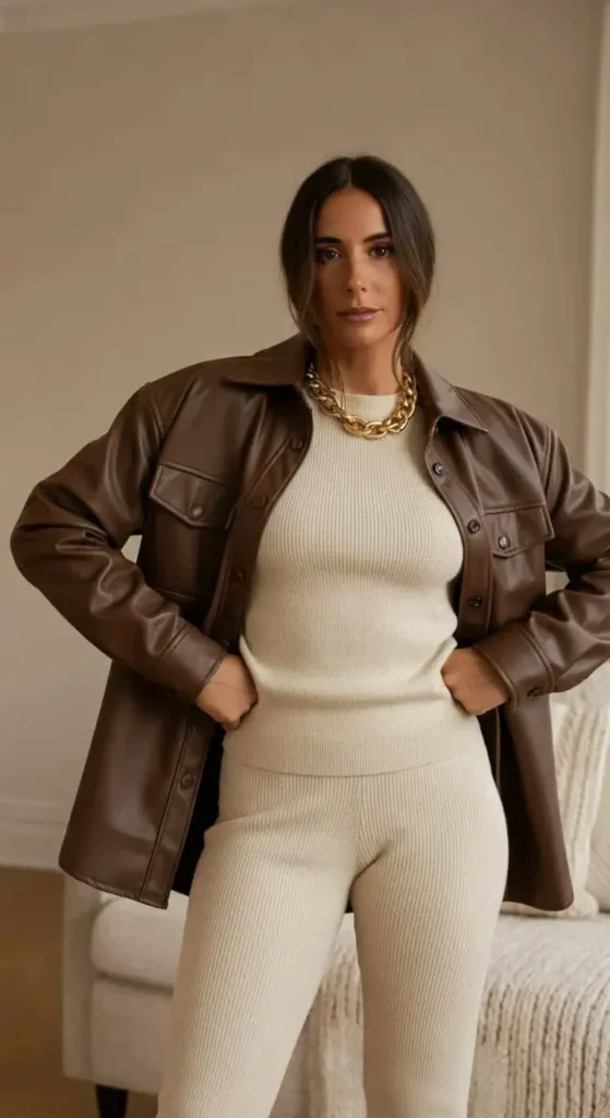 Leather Shirt Jacket with Ribbed Set