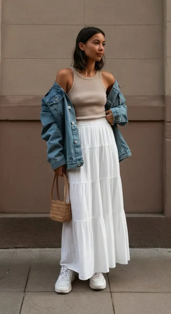 Tiered Cotton Maxi with Denim Jacket: