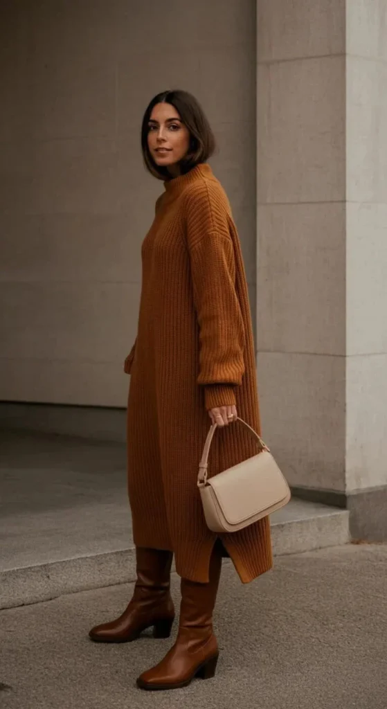 Classic Caramel Sweater Dress Ensemble