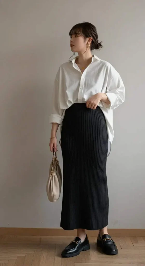 Ribbed Knit Skirt with Oversized Shirt