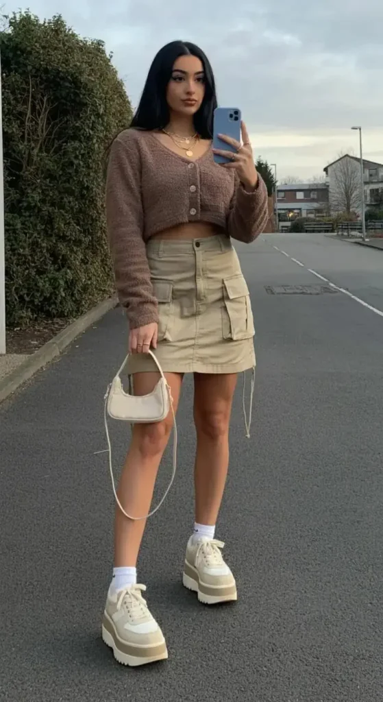 Crop Cardigan with Cargo Skirt