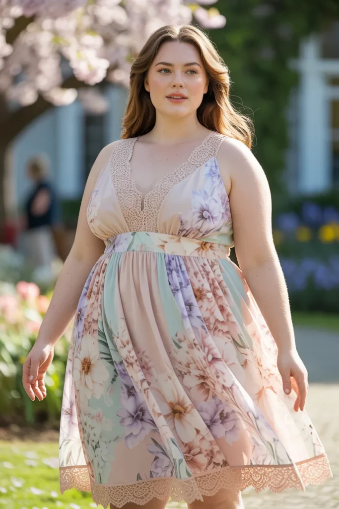 Plus Size Pastel Floral Midi Dress With Lace Trim Easter Outfit