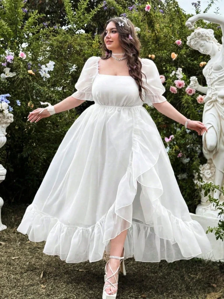 Romantic White Puff Sleeve Midi Gown