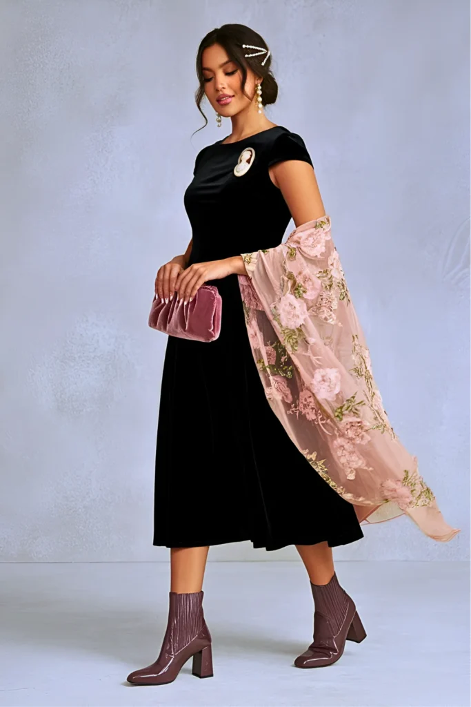 Easter Black Velvet Midi & Pastel Shawl Church Outfit
