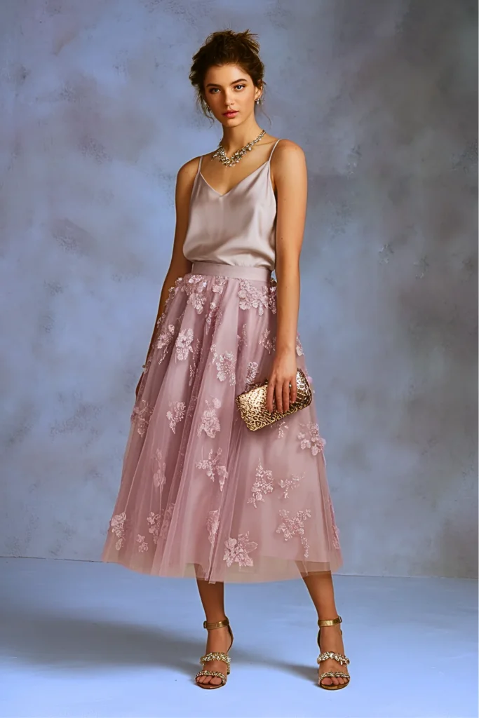 Easter Floral Embellished Tulle Midi Skirt Church Outfit
