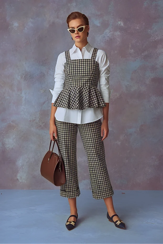 Easter Gingham Print Peplum Top and Cropped Pants Church Outfit

