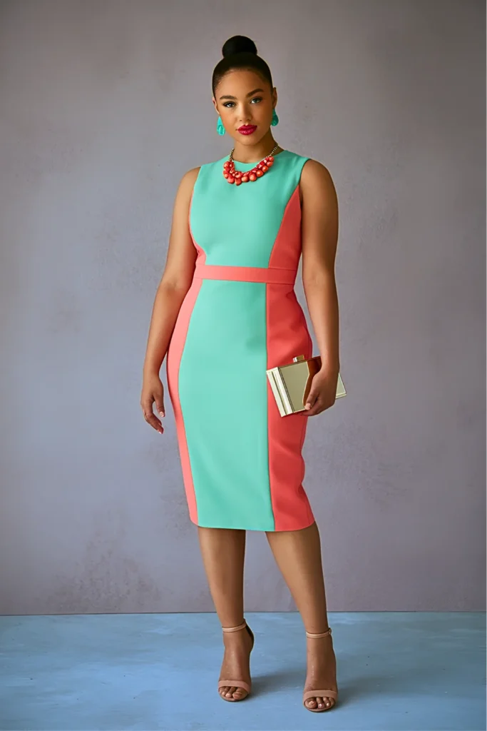 Easter Mint and Coral Color-Block Sheath Dress Church Outfit
