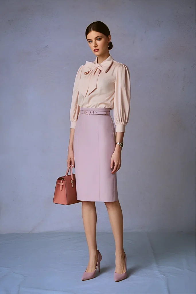 Easter Pastel Bow Blouse and Pencil Skirt Church Outfit
