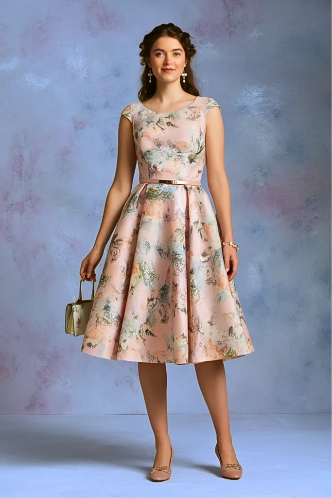Easter Pastel Floral Print Fit-and-Flare Dress Church Outfit
