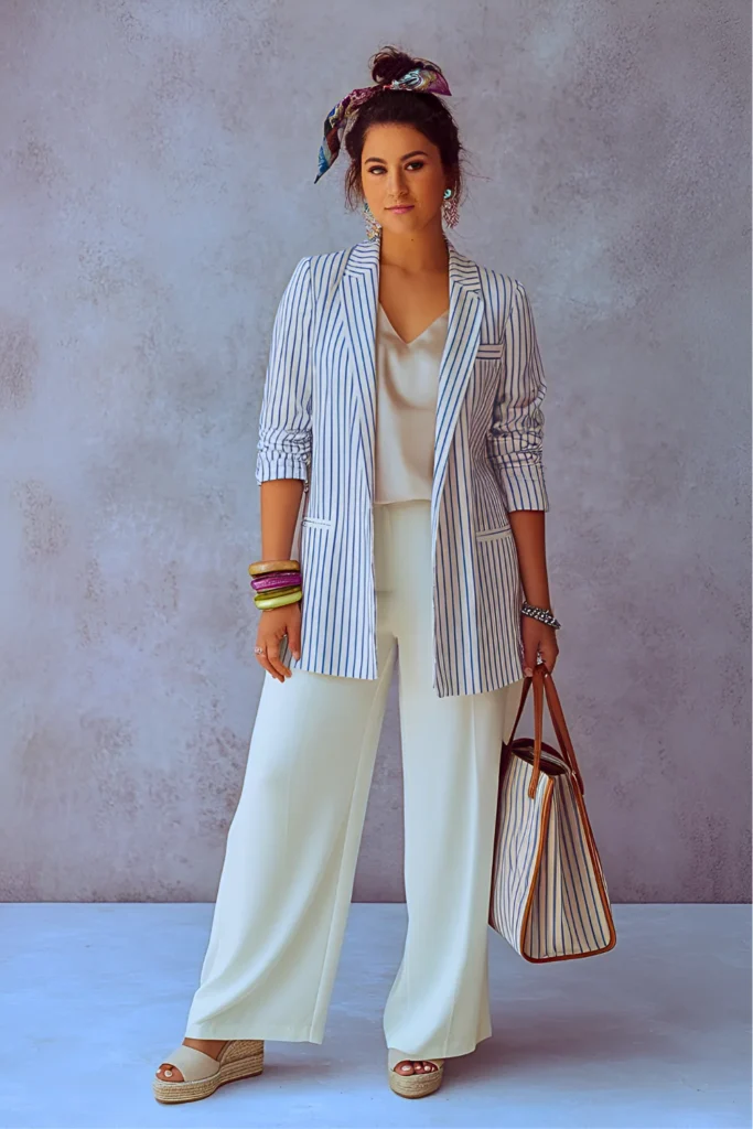 Easter Striped Blazer and White Wide-Leg Pants Church Outfit
