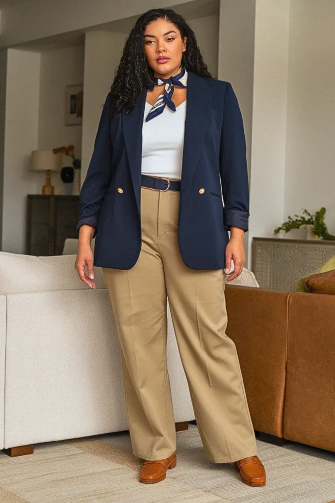 Plus Size Preppy Navy Blazer and Chinos Fall Outfit
