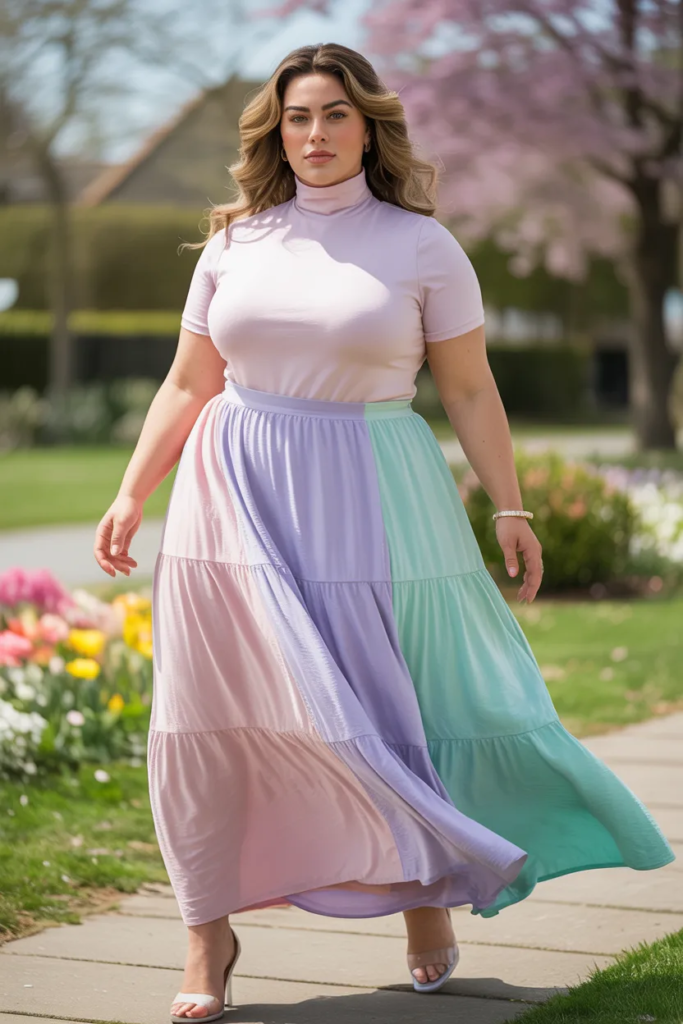 Plus Size Pastel Tiered Maxi Skirt With Fitted Turtleneck Easter Outfit