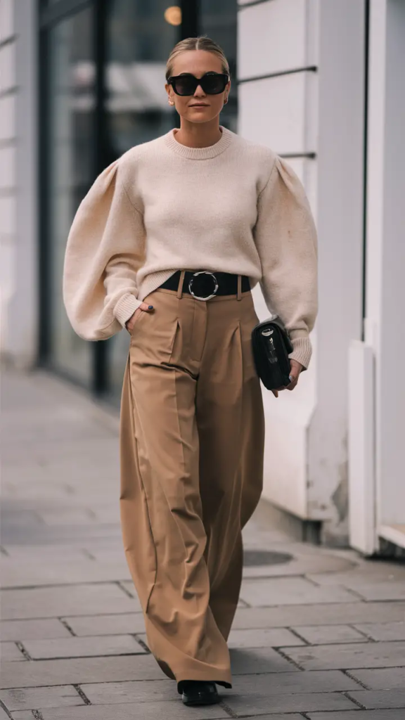 Woman wearing a soft cream sweater tucked into wide-leg neutral trousers, styled with a structured black bag and minimal gold jewelry for a relaxed yet polished spring look.