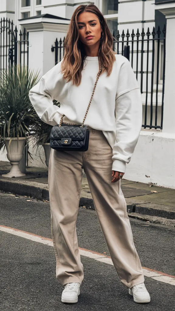 Woman wearing beige joggers with a white top and black crossbody bag, styled with sneakers for a relaxed street-style spring outfit.
