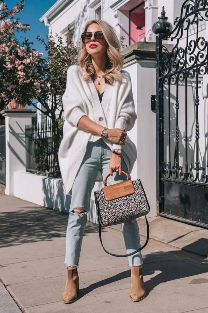 Woman in a soft oversized cardigan layered over a top with light-wash jeans and ankle boots, styled with a structured handbag for a cozy spring look.