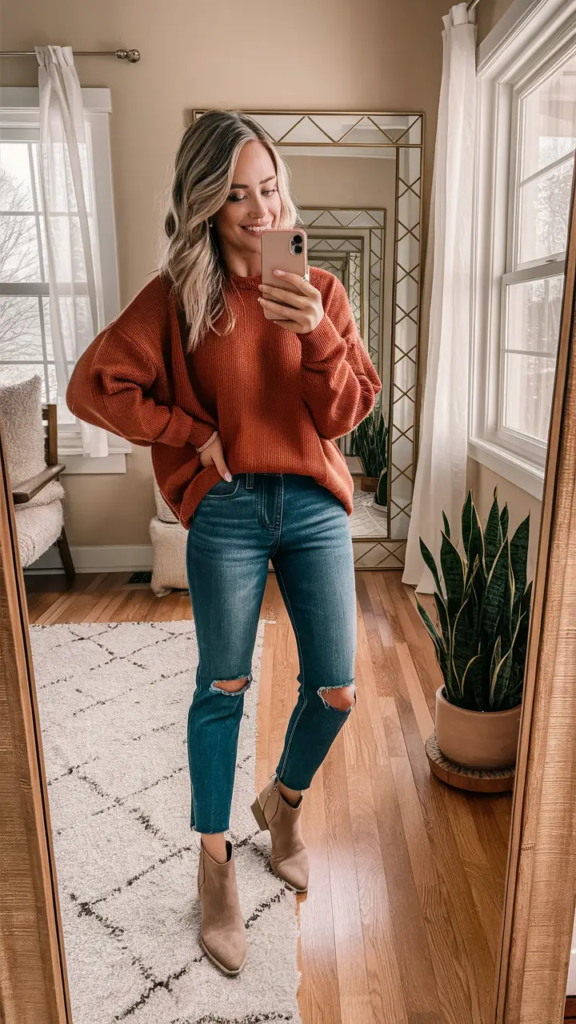 Woman wearing a rust-colored oversized sweater with high-waisted skinny jeans and neutral ankle boots for a warm-toned spring outfit.