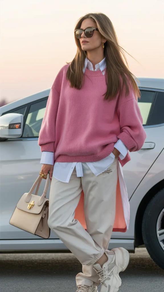 Woman in a pastel pink sweater layered over a white button-down shirt with beige pants and chunky sneakers for a soft layered spring outfit.