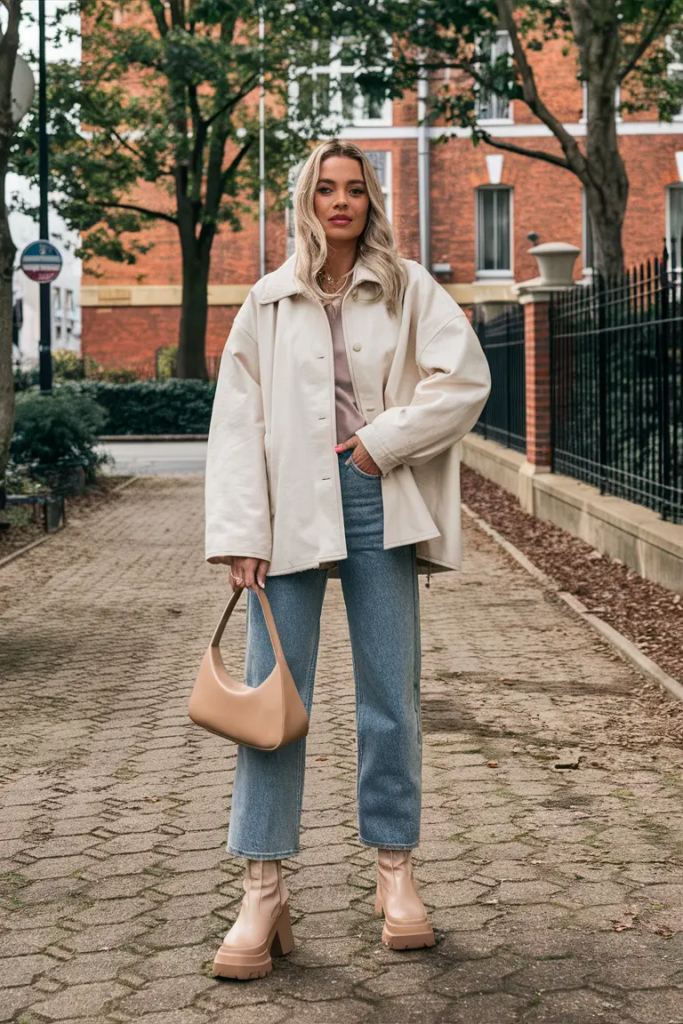 Woman wearing a cream hoodie with light-wash mom jeans and a beige shacket, styled with chunky boots and a structured bag for an urban spring look.