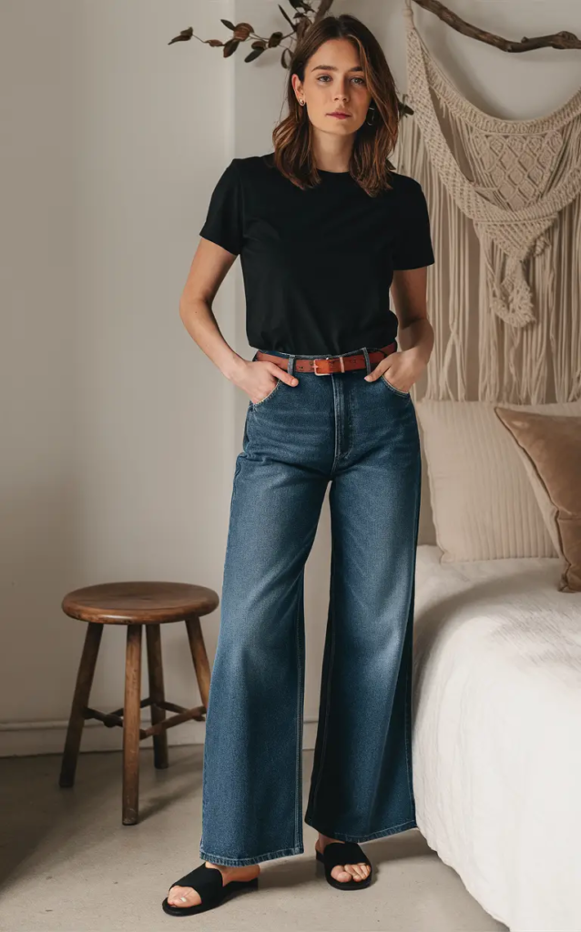Woman wearing wide-leg jeans with a cropped black tee, accessorized with a slim belt and gold earrings for a stylish spring outfit.