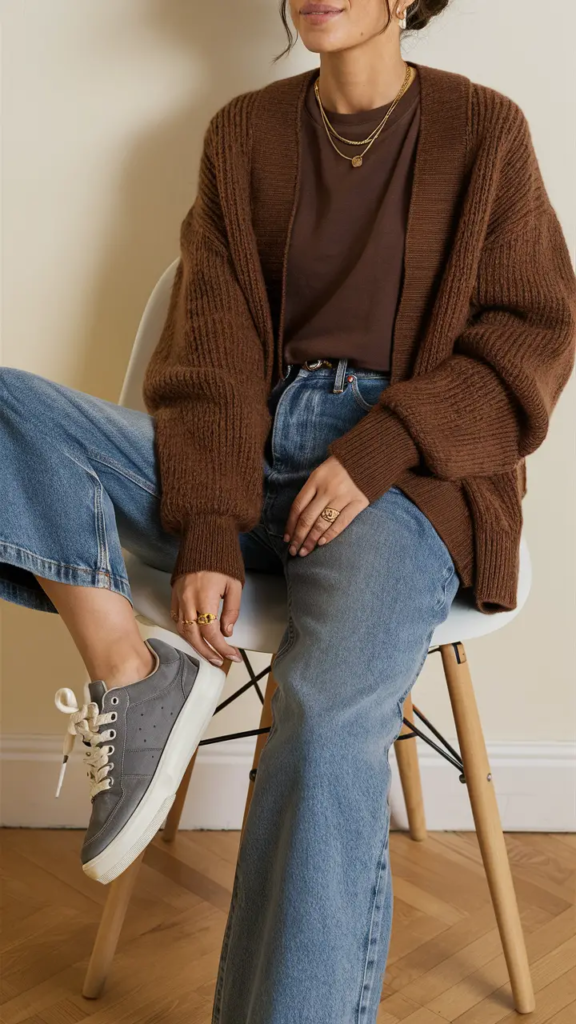 Woman wearing a chunky knit cardigan over a neutral shirt with high-waisted faded jeans and retro sneakers for a casual spring look.