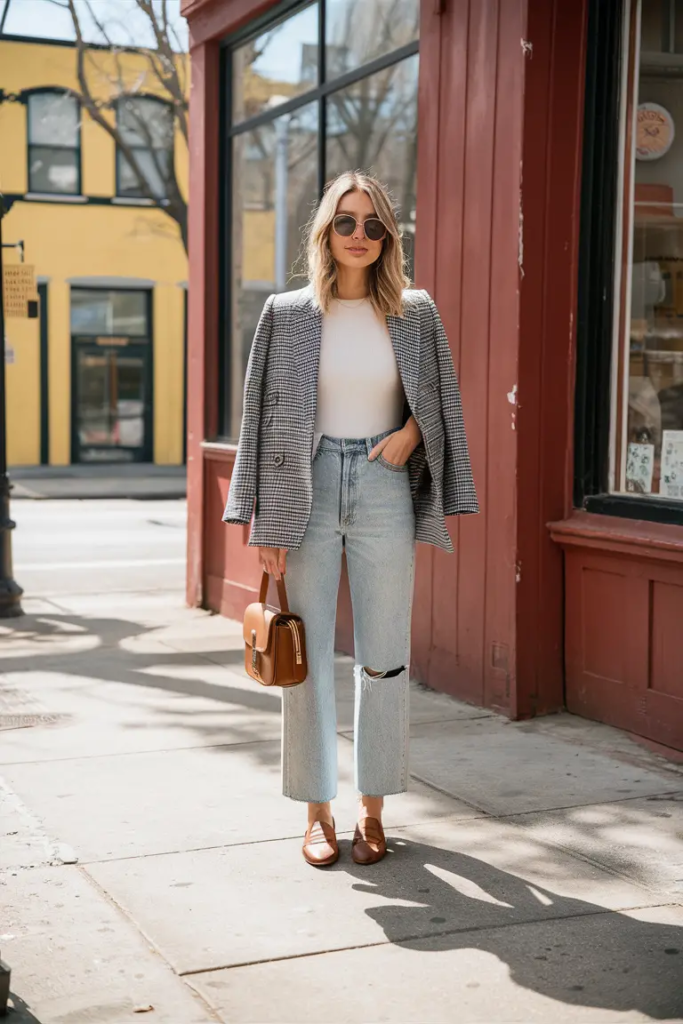 Woman wearing a plaid blazer over a white T-shirt and ripped jeans, styled with neutral loafers and a structured bag for a casual yet polished spring outfit.