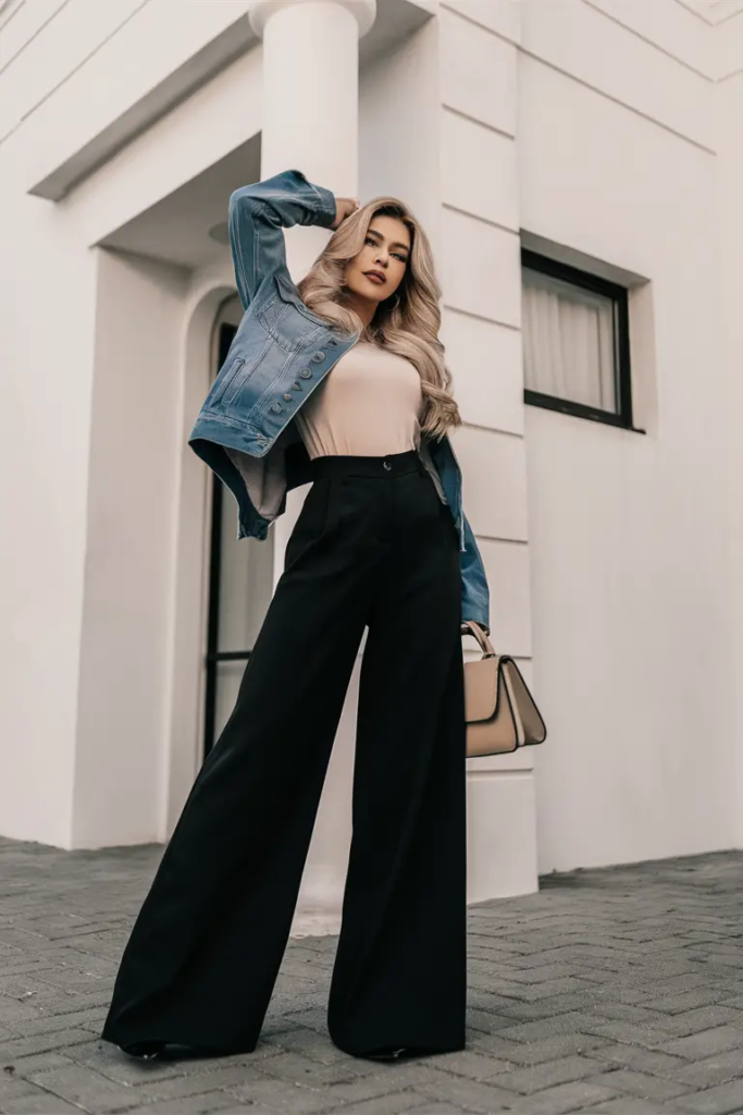 Woman wearing a denim jacket layered over wide-leg black pants with a white top and chunky sneakers for a casual spring outfit.