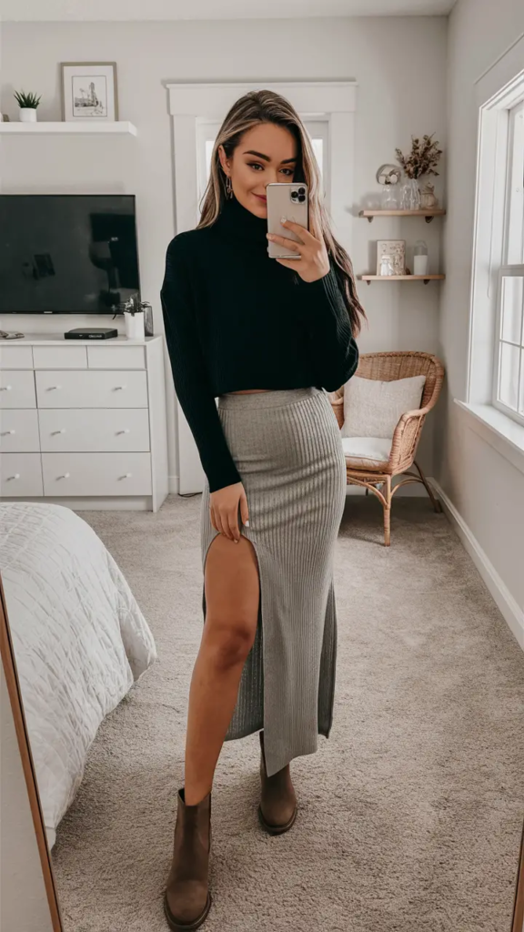 Woman wearing a cozy black knit with a high-slit ribbed skirt and suede ankle boots for a chic spring outfit.