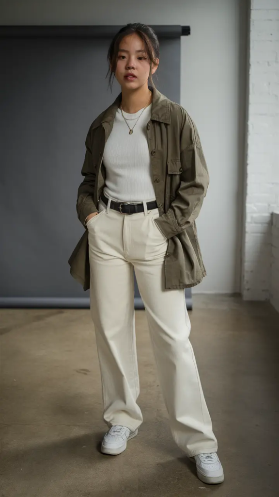 Woman wearing an olive-green overshirt layered over a white ribbed top with cream high-waisted pants and sneakers for a casual spring look.