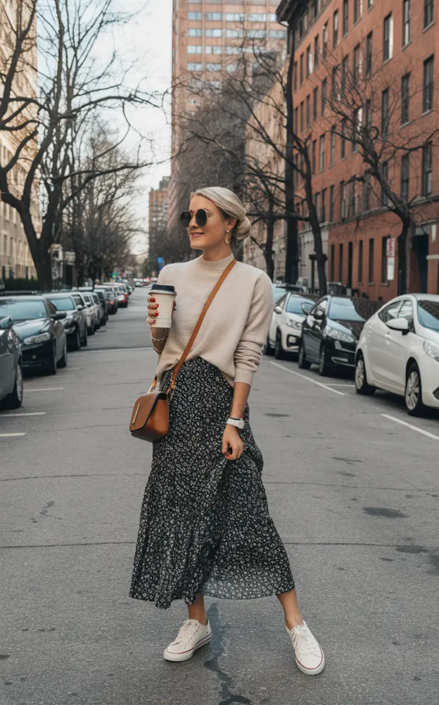 Woman wearing a floral midi dress layered with a cropped knit sweater and white sneakers, styled with a crossbody bag for a spring casual look.