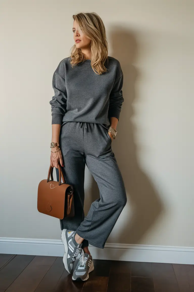 Woman wearing tailored wide-leg charcoal pants with a fitted grey sweater and neutral leather bag for a sophisticated spring monochrome outfit.