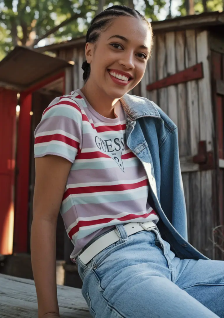 Striped fitted t-shirt tucked into high-waisted white jeans with a denim jacket layered on top for a classic school outfit