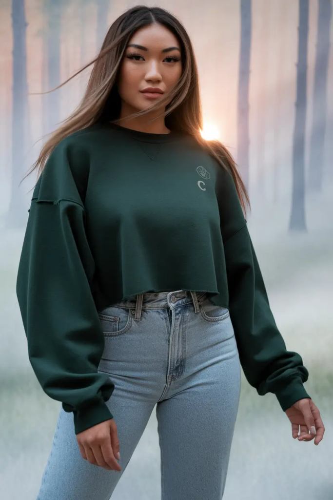 Deep green cropped crewneck sweatshirt with high-waisted jeans and white sneakers for a structured yet casual school look