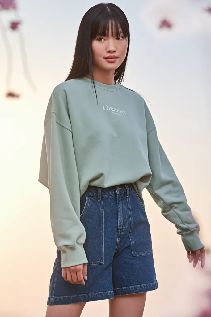 Mint green oversized sweatshirt tucked into medium-wash denim shorts with white sneakers for a relaxed spring school outfit