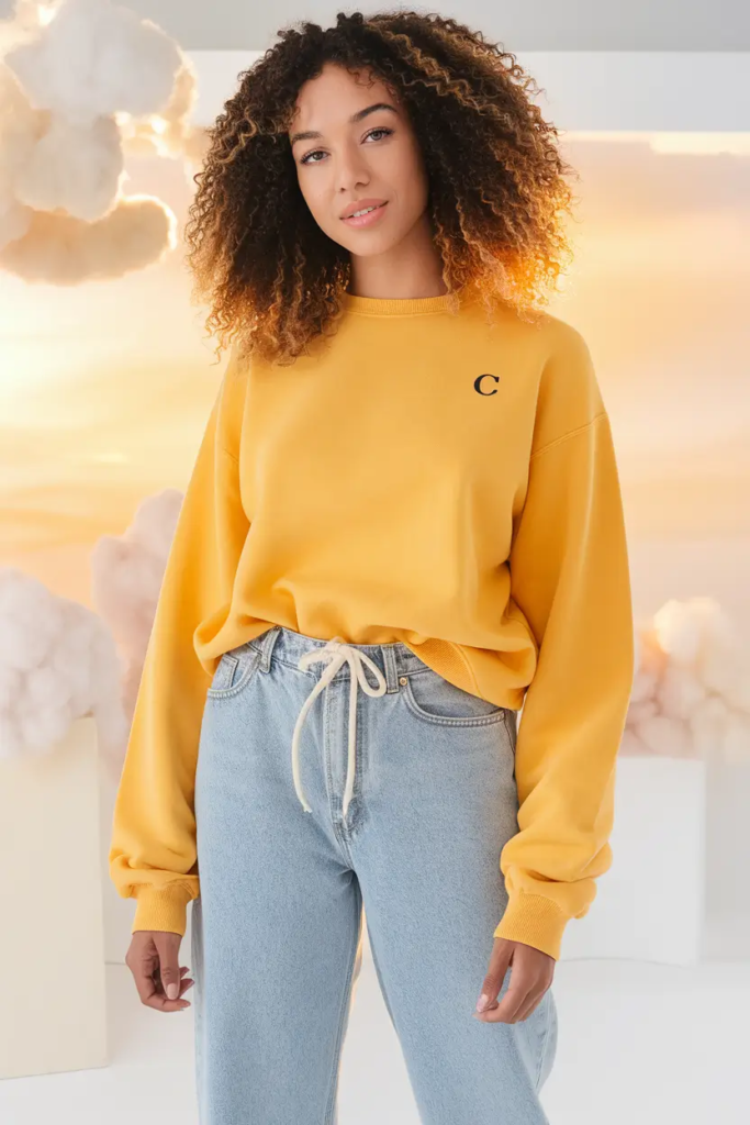 Bright yellow oversized sweatshirt with light-wash denim jeans and white sneakers for a cheerful, casual school outfit