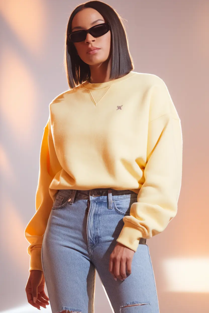 Soft lemon-yellow sweatshirt paired with distressed blue jeans and casual sneakers for a relaxed early spring school outfit